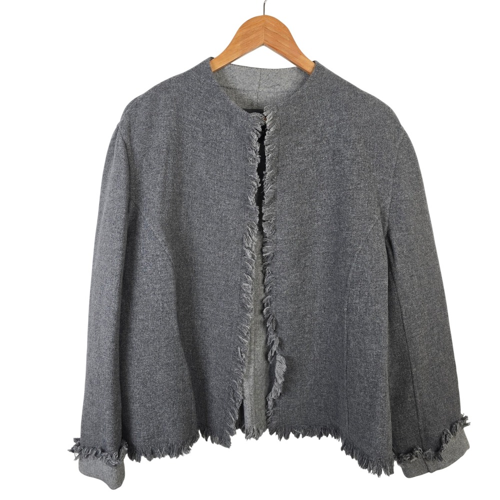 Lafayette 148 New York Gray Wool Cashmere Fringe Trim Open Front Jacket 14